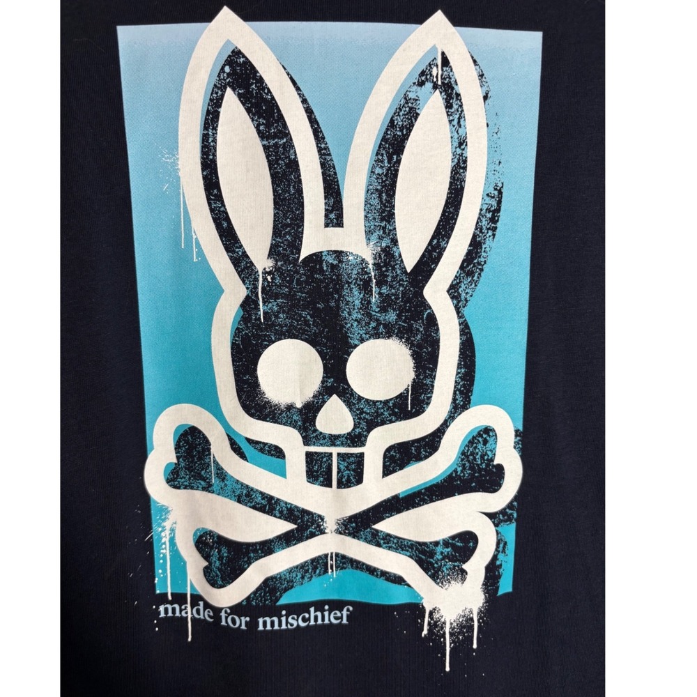 NWOT Psycho Bunny Navy Blue 'Made for Mischief' Pima Cotton T-Shirt Size 8 (XXL) - Picture 3 of 6
